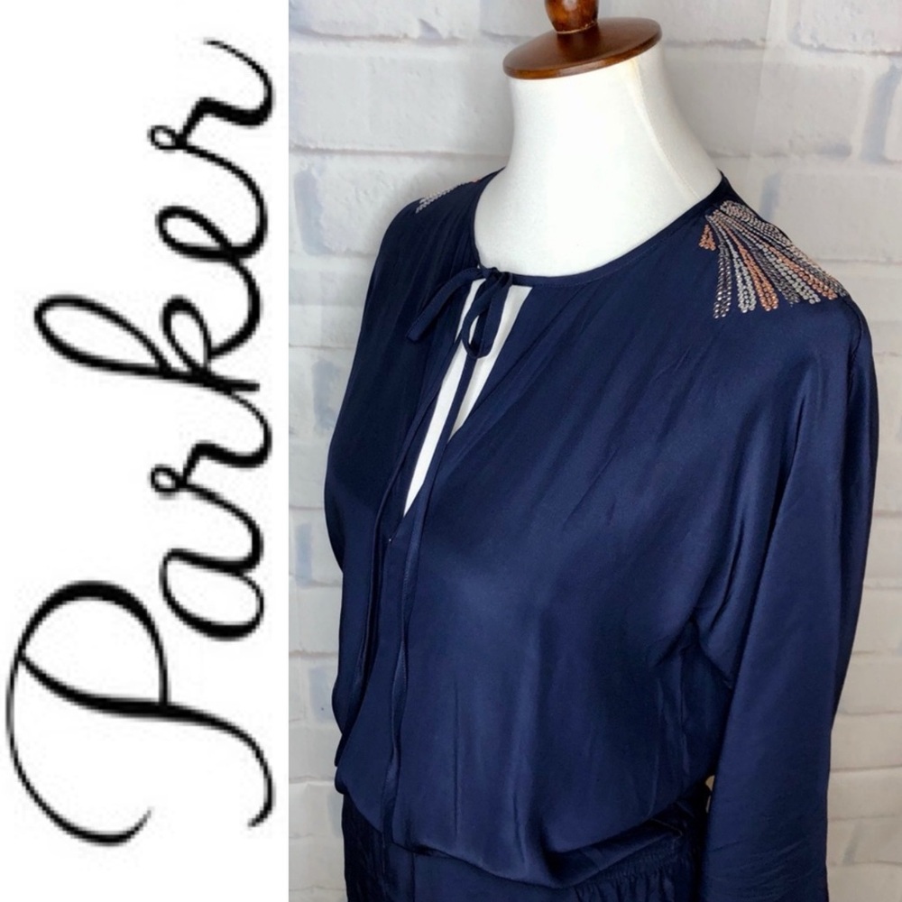 { Parker } : Navy Blue Embellished Silk Romper